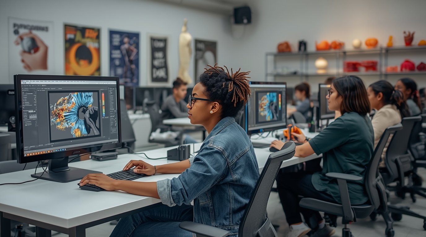 Students learning 3D modeling in our studio